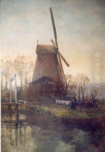 Molen in polderlandschap Oil Painting by Jan Hillebrand Wijsmuller