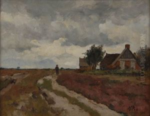 Heidegezicht met wandelaar