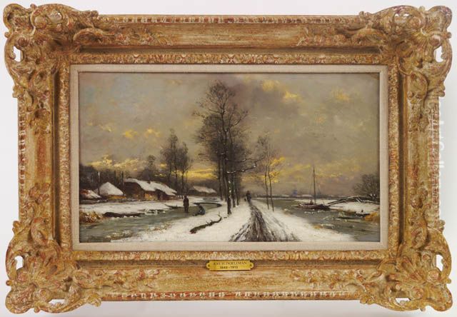 Winter bij Rotterdam, boerderij in winterlandschap met vaart met boten Oil Painting by Jan Hendrik Doeleman