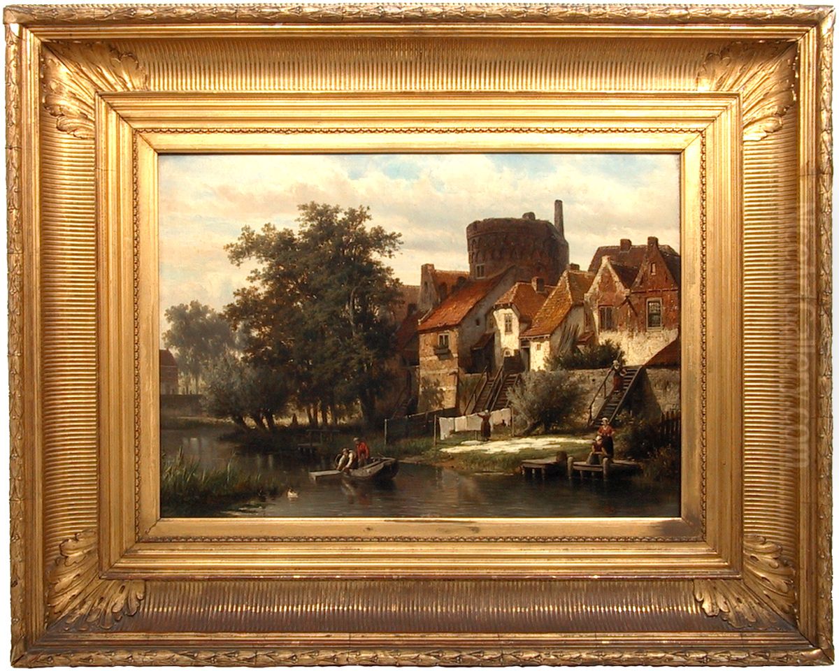 Achterzijde huizen Walstraat aan de Houtmarkt met vestingtoren. Oil Painting by Cornelis Springer