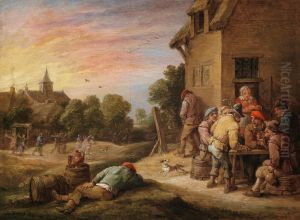 A village scene with peasants carousing outside an inn