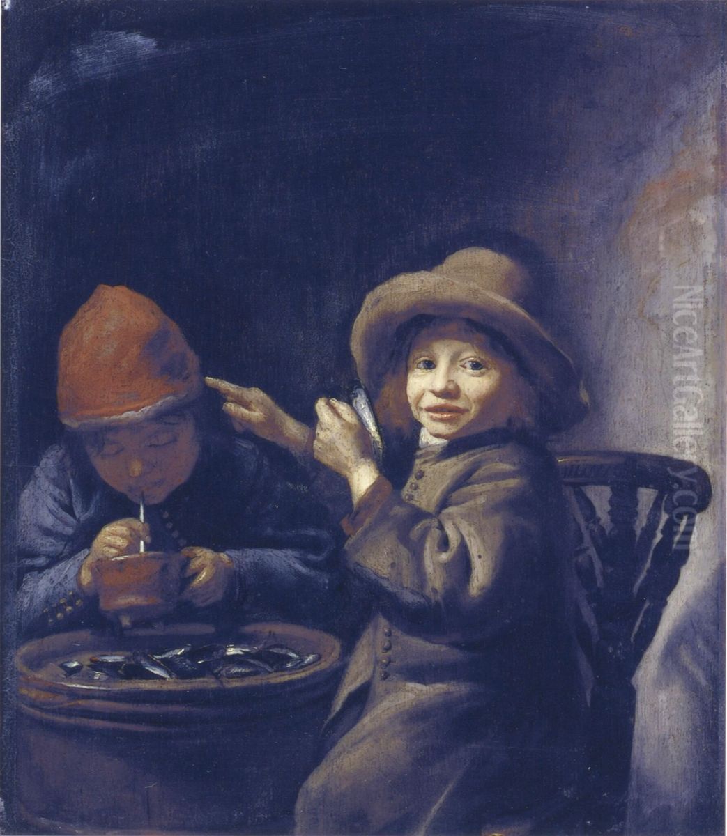 Twee rokende en mossels etende jongentjes Oil Painting by Justus De Gelder