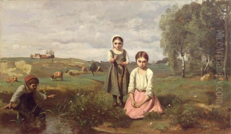 Enfants au bord d'un ruisseau dans la campagne a Lormes Oil Painting by Jean-Baptiste Camille Corot
