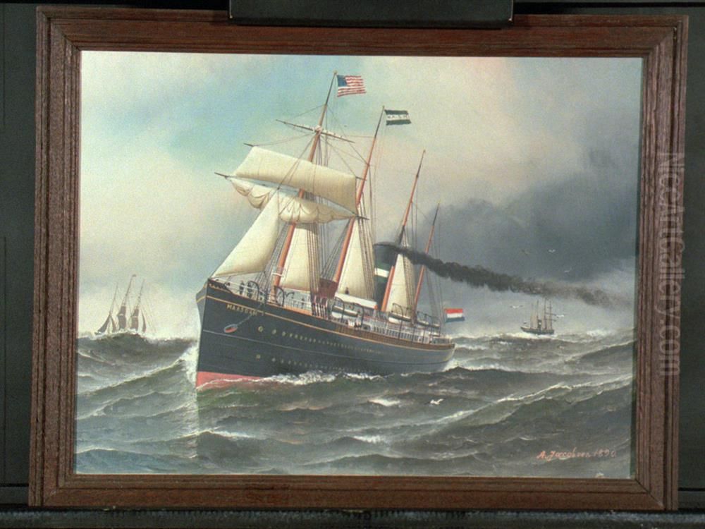 Het s.s. 'Maasdam' (II) van de Nederlandsch Amerikaansche Stoomvaart Maatschappij (NASM) Oil Painting by Antonio Nicolo Gasparo Jacobsen