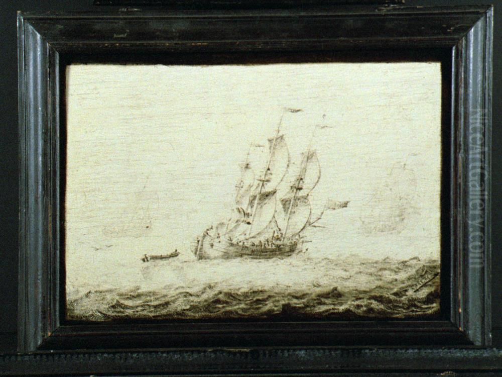 Driemast-galjoot in volle zee Oil Painting by Adriaen Van Salm