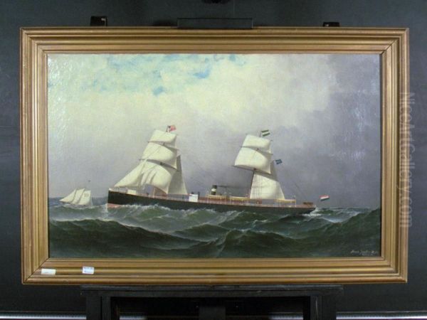Het s.s. ' Rotterdam' (I) van de Nederlandsch Amerikaansche Stoomvaart Maatschappij (NASM) Oil Painting by Antonio Jacobsen