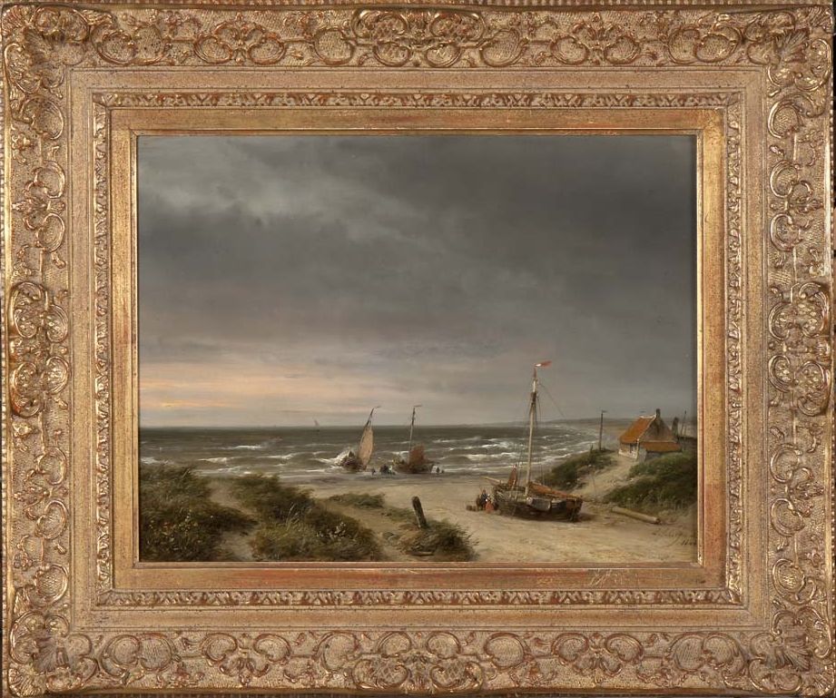 Strandgezicht met bomschuiten Oil Painting by Andreas Schelfhout