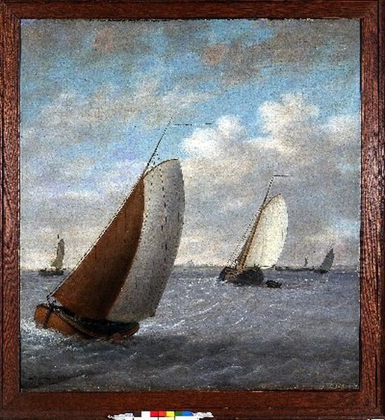 Gezicht op het Snekermeer met schepen bij woelig water Oil Painting by Dirk Piebes Sjollema