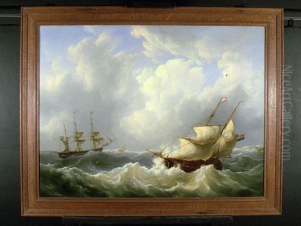 Zeegezicht met kof en koopvaardijfregat Oil Painting by Martinus Schouman