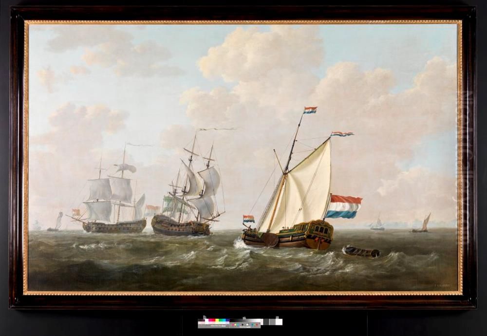 Het jacht van de Kamer Rotterdam van de Verenigde Oostindische Compagnie (VOC) begroet een Rotterdamse Oostindievaarder en een Nederlands oorlogsschip op de rede van Hellevoetsluis. Oil Painting by Jacob van Strij