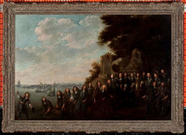 Groepsportret van Admiraal de Ruyter met enige vlootvoogden en magistraatspersonen (Allegorie op de haringvisserij) Oil Painting by Willem Eversdijck