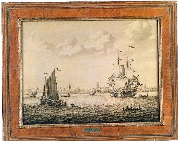 Gezicht op de Maas en de stad Rotterdam, met rechts een zeilende walvisvaarder Oil Painting by Adriaen Van Salm