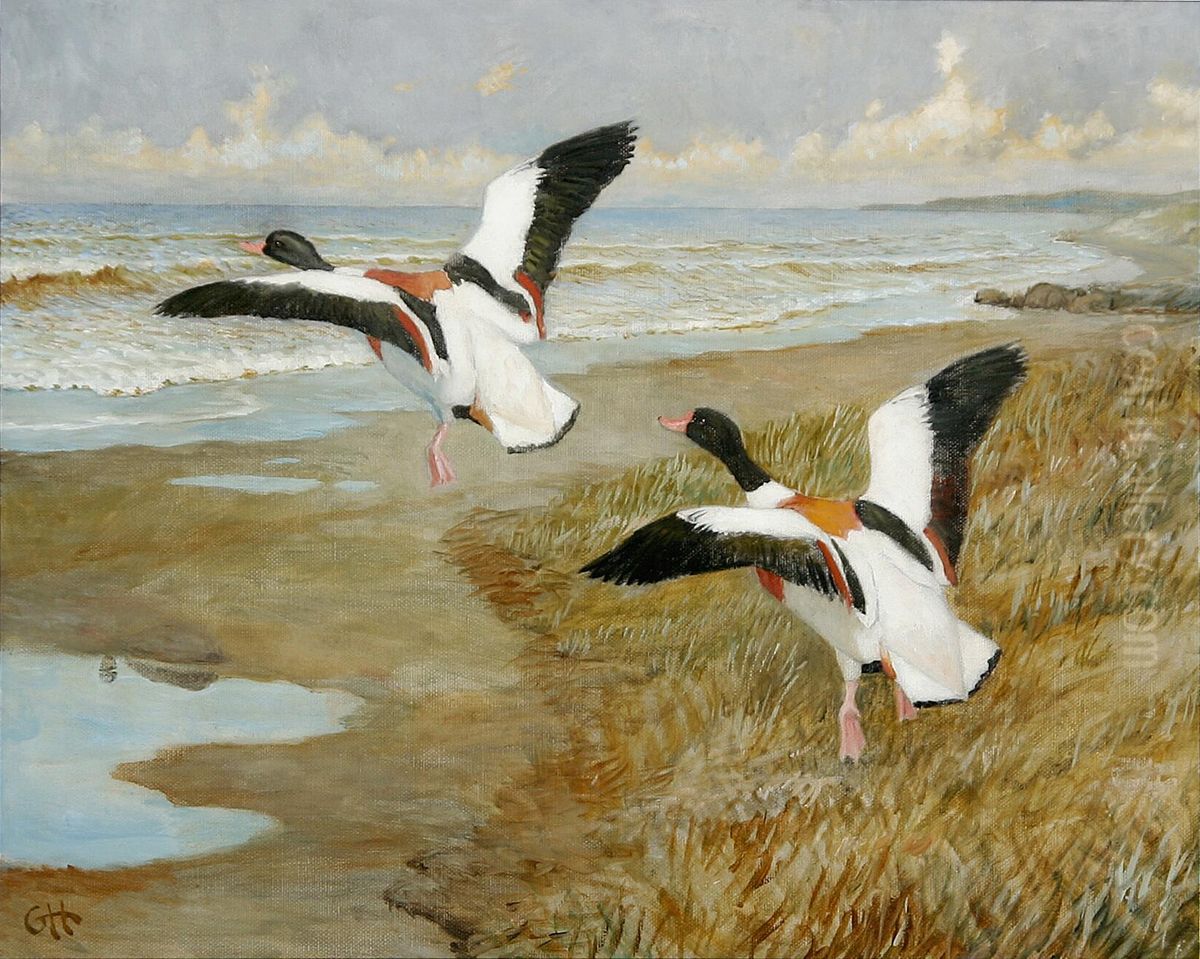Landscape with two shelducks. Oil Painting by Gerhard Heilmann