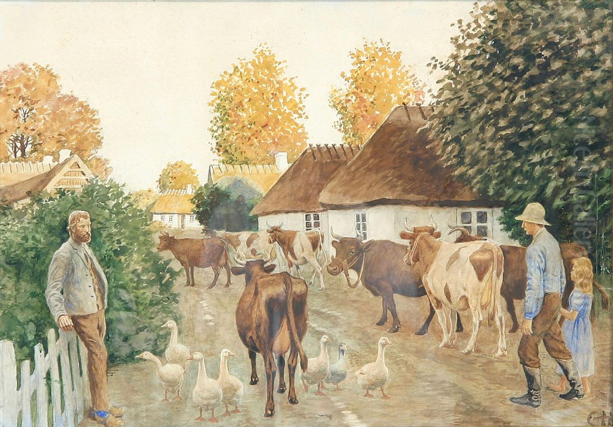 Village scenery with cows, geese and people. Oil Painting by Gerhard Heilmann