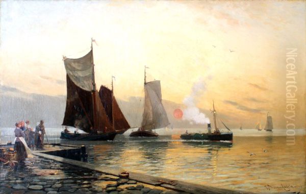 Boote am Hafen Oil Painting by Heinrich Petersen-Angeln