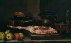 A kitchen still-life with pots, pans, apples and a leg of pork