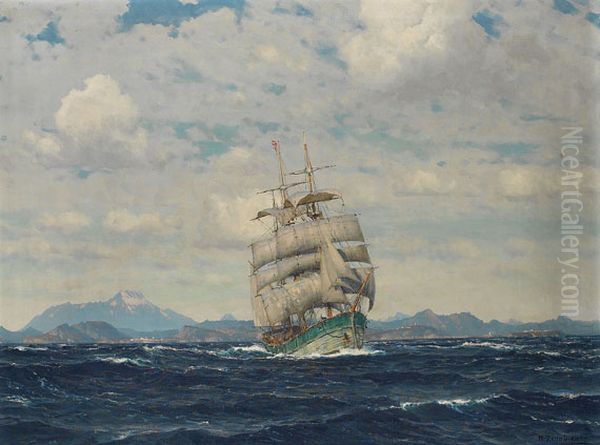 Bark im aegaischen Meer vor Imbros, dahinter der Inselberg von Samothraki. Oil Painting by Michael Zeno Diemer