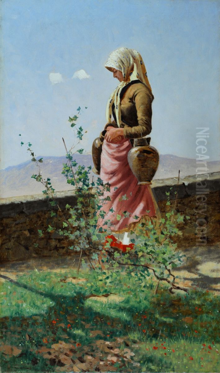 Contadina Oil Painting by Angiolo Tommasi
