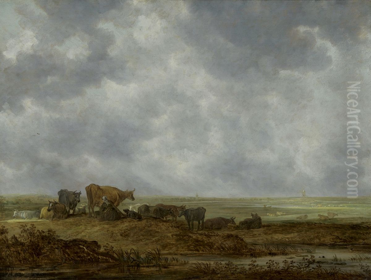 Vergezicht over een vlak landschap Oil Painting by Jan van Goyen