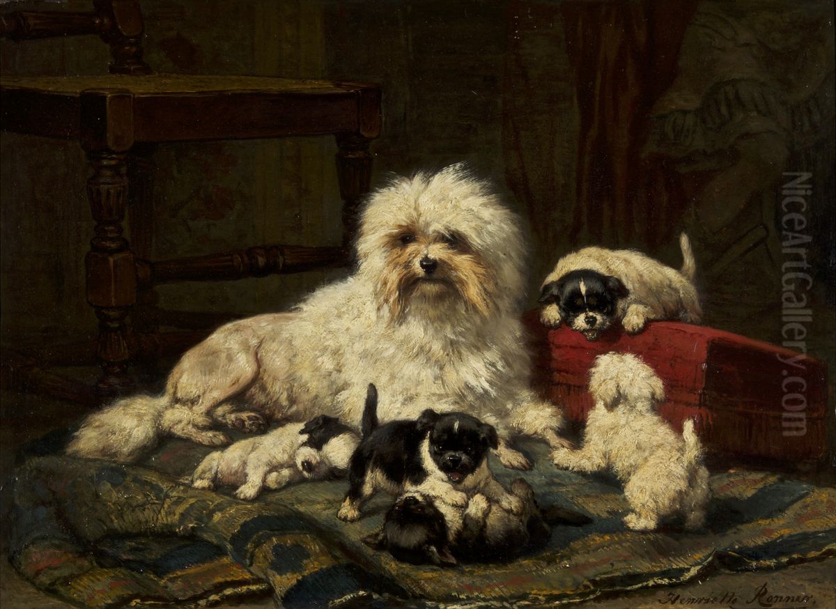 Dog with Five Puppies Oil Painting by Henriette Ronner-Knip