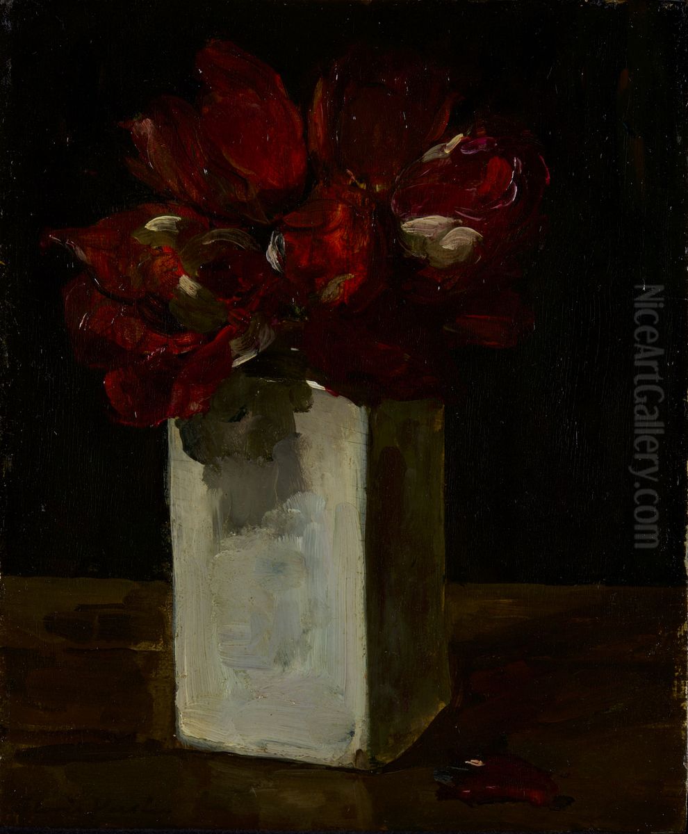 Rode tulpen in vaas Oil Painting by Floris Verster