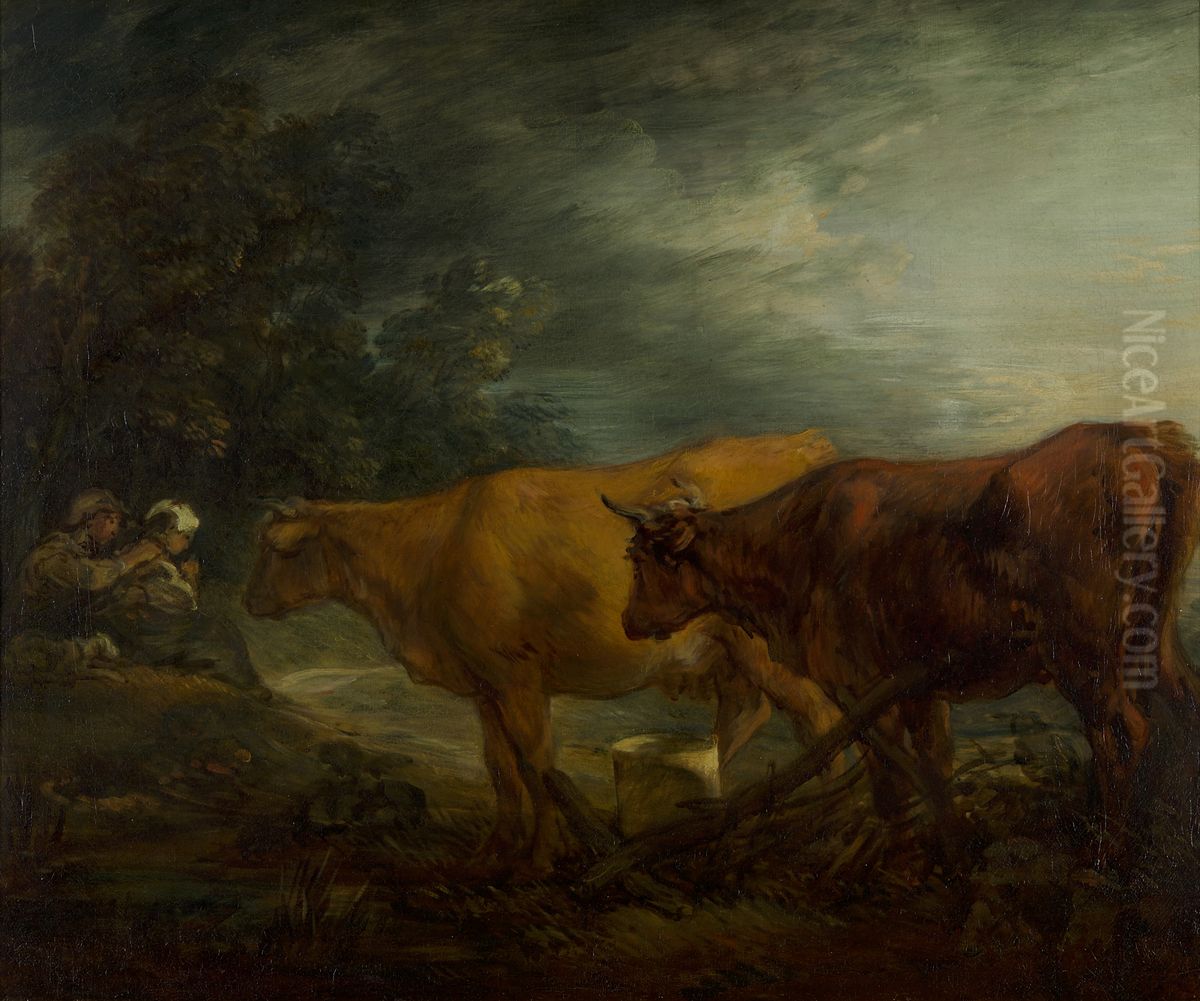 Landscape with two cows with a shepherd and a milkmaid Oil Painting by Thomas Gainsborough