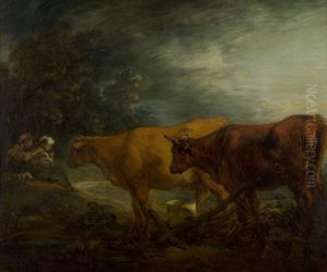 Landscape with two cows with a shepherd and a milkmaid