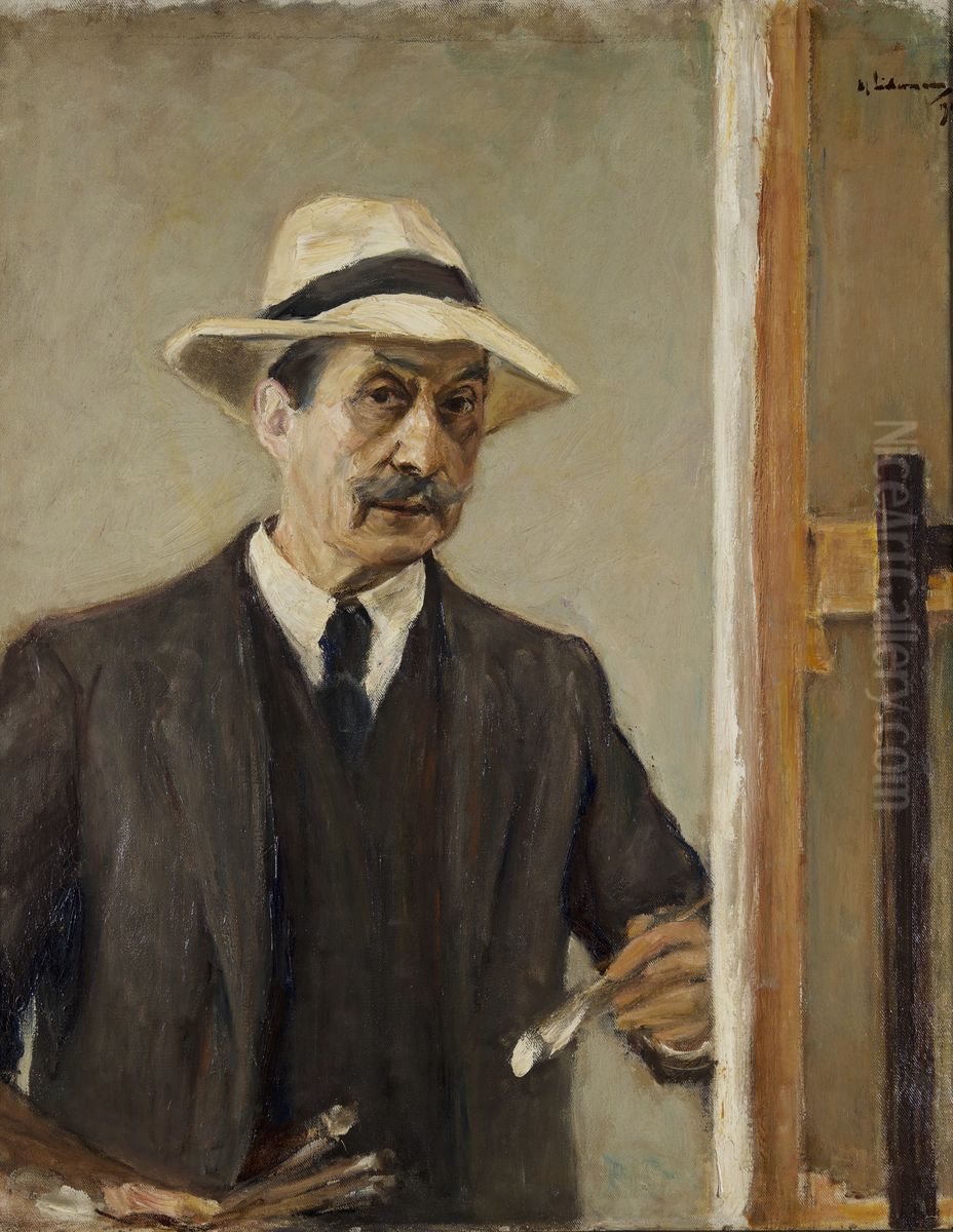 Zelfportret met strohoed Oil Painting by Max Liebermann
