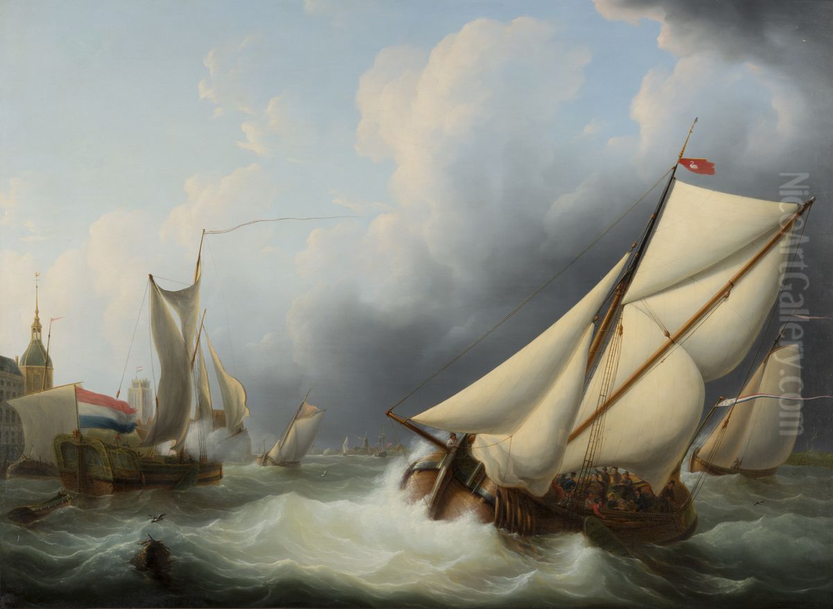 Riviergezicht met het beurtschip de Zwaan bij de Groothoofdspoort te Dordrecht Oil Painting by Martinus Schouman