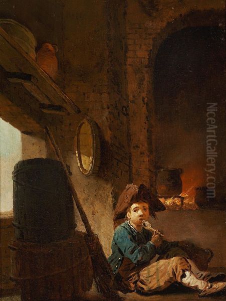 Kitchen interior with a boy at the fireplace. Oil Painting by Peter Cramer