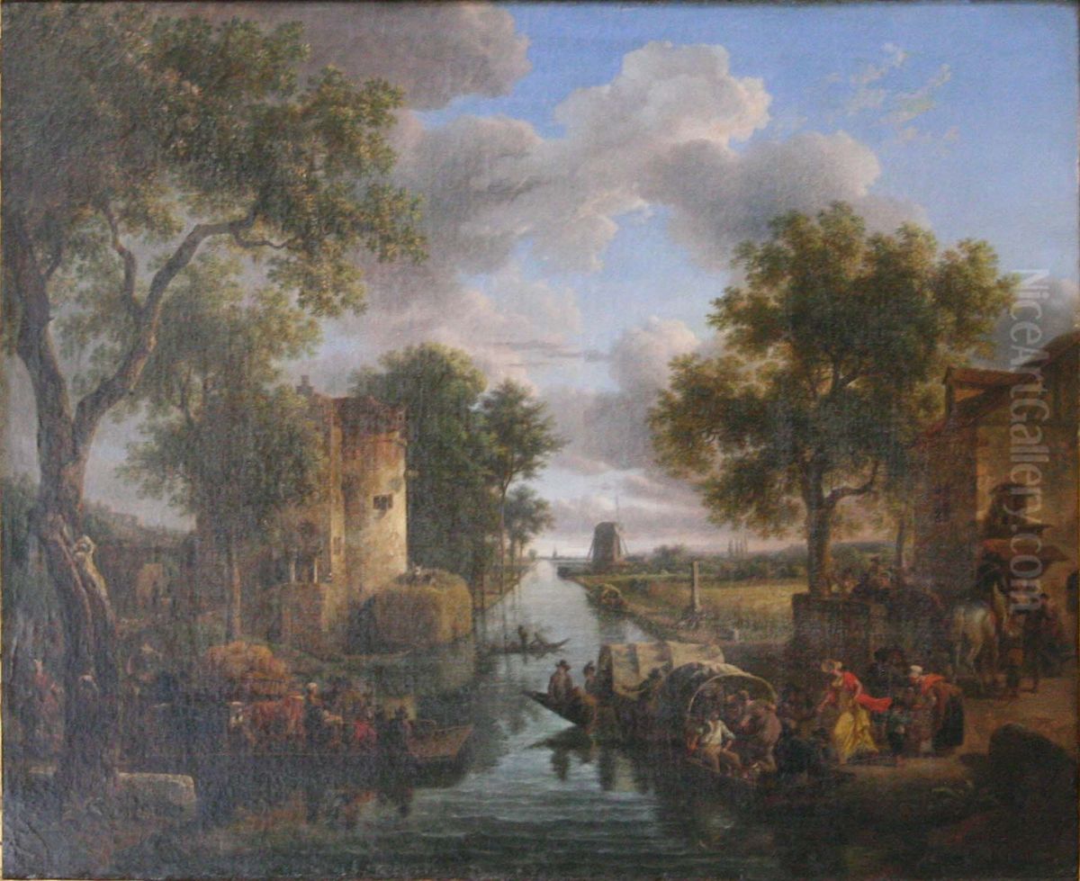 Bac et barques sur un canal Oil Painting by Jean-Louis de Marne
