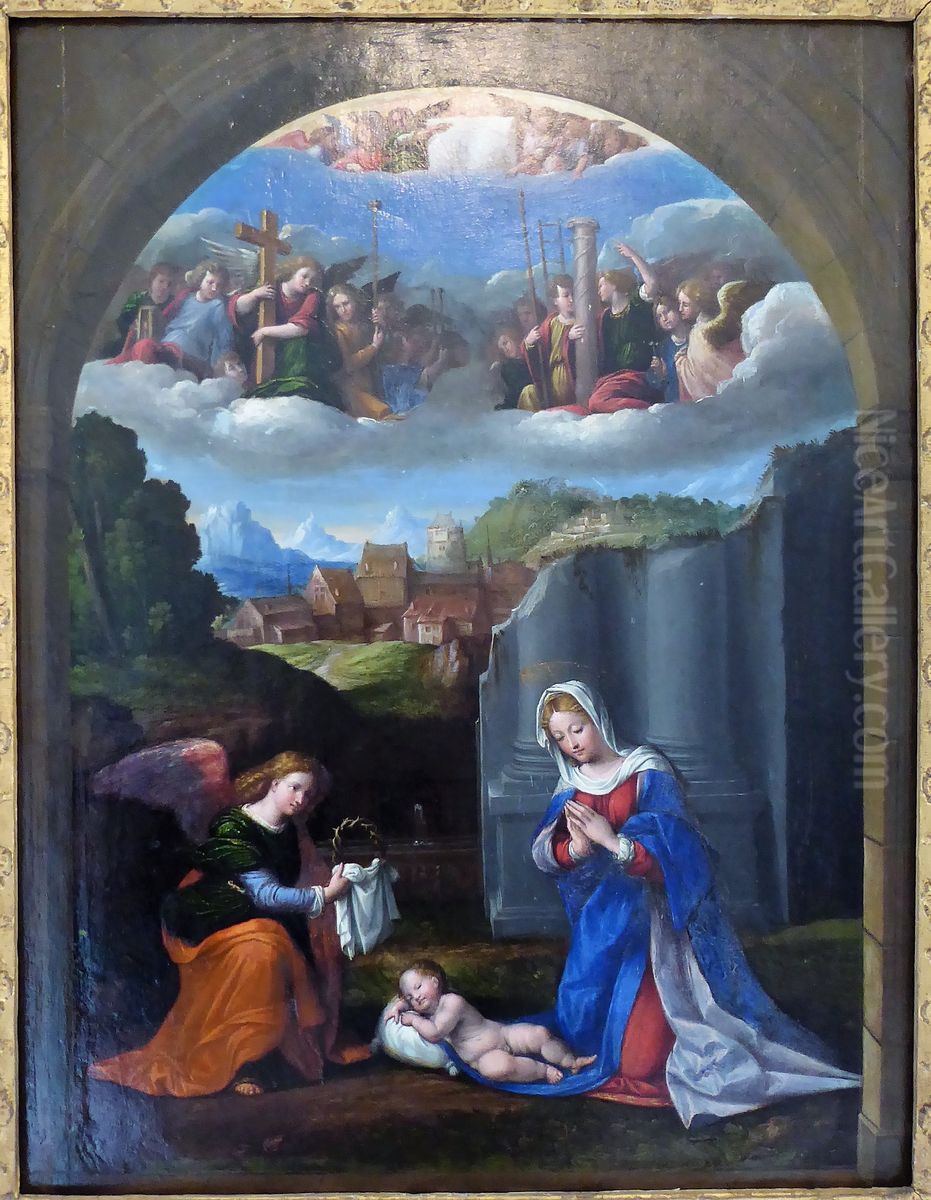 Adoration of the Child, with the instruments of the Passion Oil Painting by Benvenuto Tisi