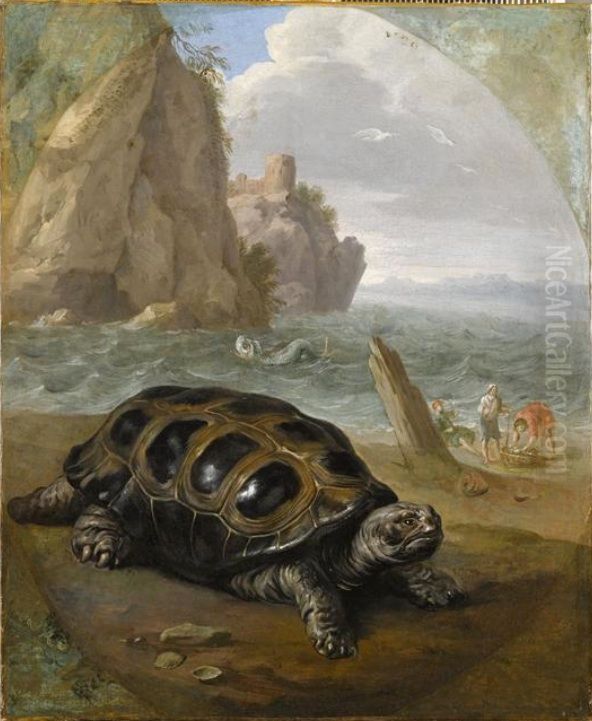 Tortue sur un bord de mer, avec trois pecheurs Oil Painting by Nicasius Bernaerts