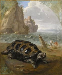 Tortue sur un bord de mer, avec trois pecheurs
