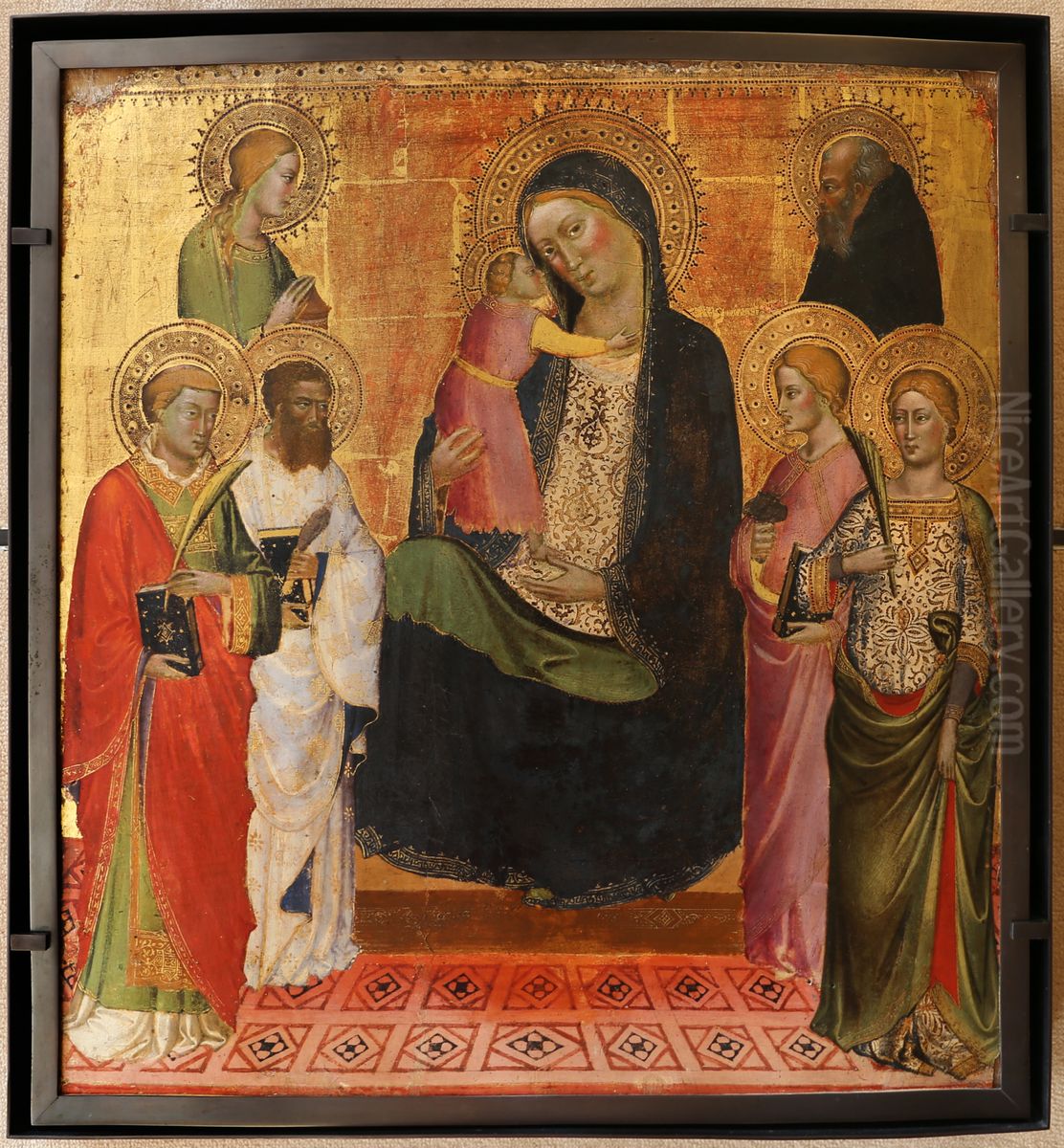 La Vierge et l'Enfant avec six saints : Laurent, Barthelemy, Madeleine, Catherine (?), Lucie (?), Antoine abbe. Oil Painting by Mariotto Di Nardo
