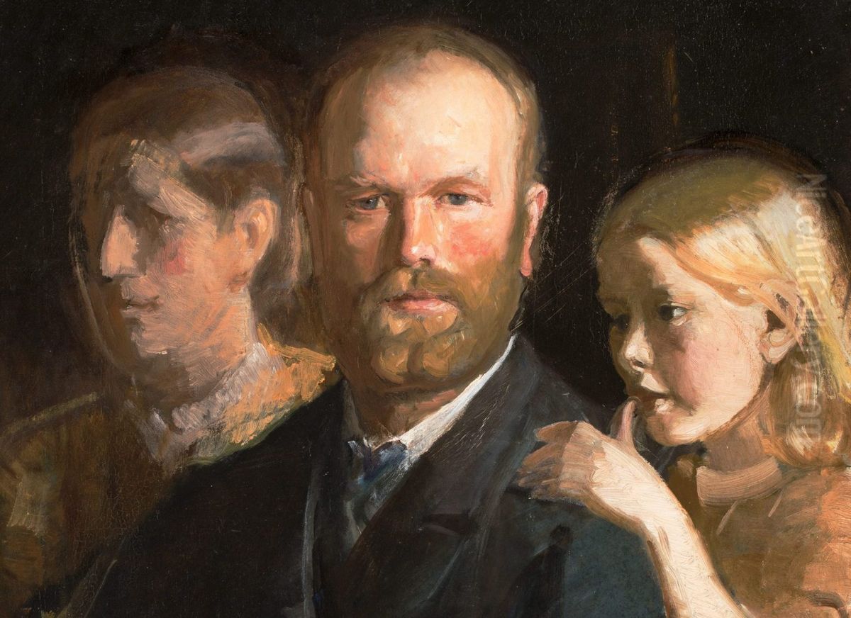 Self-portrait with Anna and Helga Ancher Oil Painting by Michael Peter Ancher