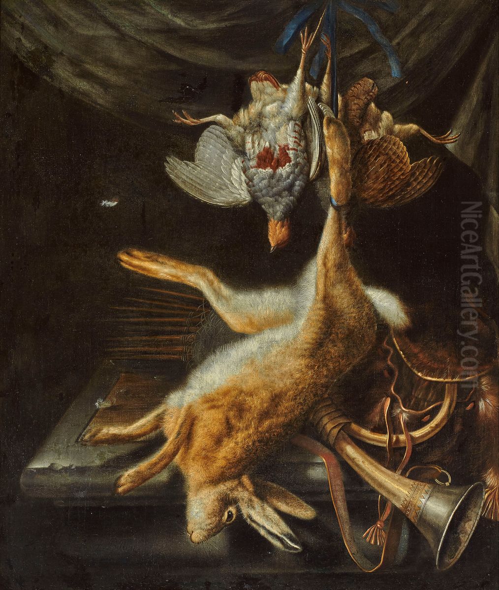 A hunting still life with a partridge, a grouse, a hare and hunting paraphernalia Oil Painting by Jacob Biltius