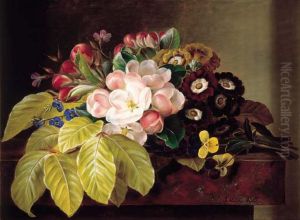 Pansies, Appleblossom, Gloxinia, Phlox and Primula Auricula on a Brown Marble Ledge.