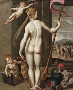 Minerva holding a lance while being crowned with laurels