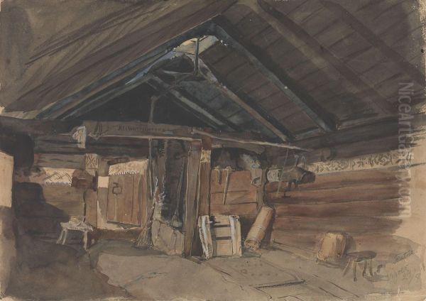 Rokstue, Kvam prestegard, Vikoy Oil Painting by Adolph Tidemand
