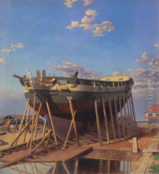 A corvette on the slipway. Oil Painting by Christoffer Wilhelm Eckersberg