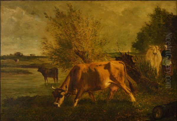 Vache paissant pres d'une riviere bordee de saules Oil Painting by Constant Troyon