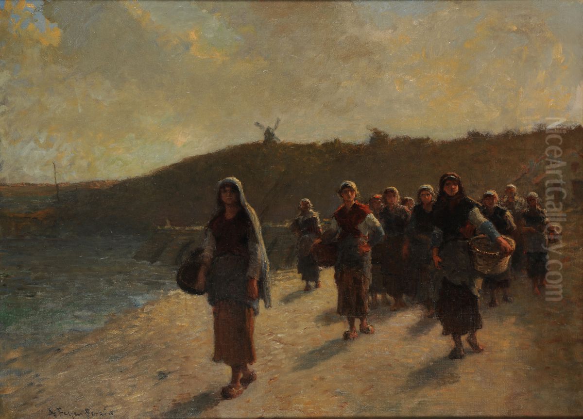 Rentree des glaneuses d'huitres (souvenir de la baie de Cancale) Oil Painting by Augustin Feyen-Perrin