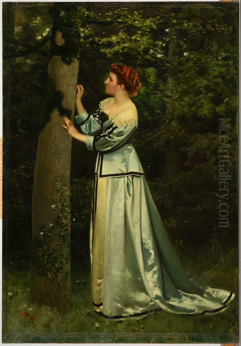 Young woman writing on a tree Oil Painting by Martin Rico