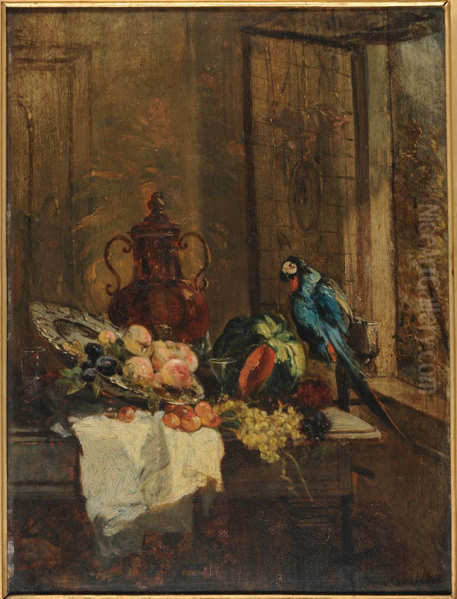 Nature morte et perroquet pres d'une fenetre ouverte Oil Painting by Philippe Rousseau