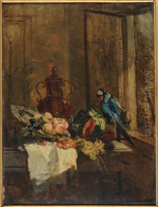 Nature morte et perroquet pres d'une fenetre ouverte