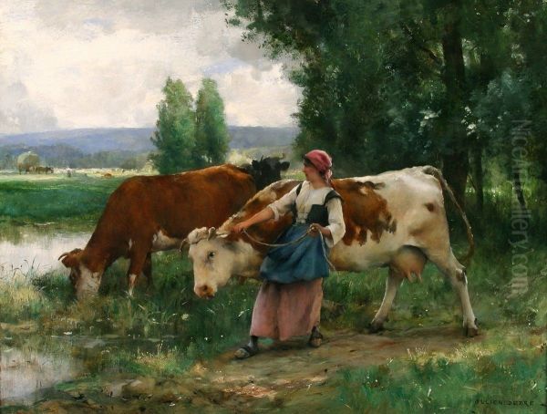 Femme et vaches par l'eau Oil Painting by Julien Dupre