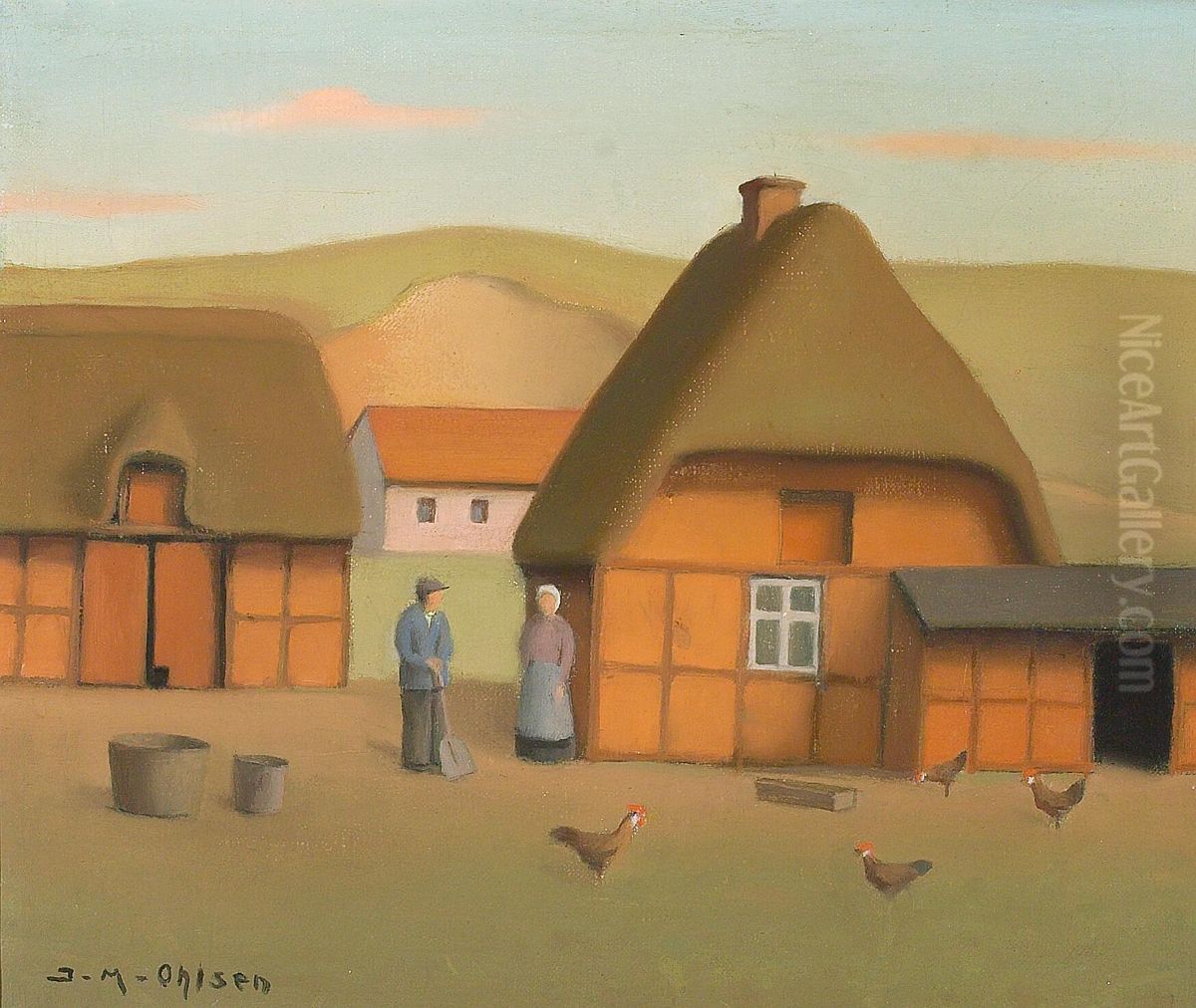 Farmexterior with man, woman and chickens. Oil Painting by Jeppe Madsen Ohlsen