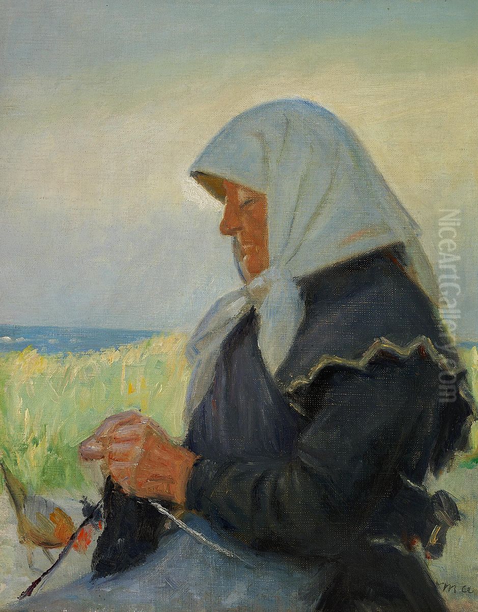 Strikkende fiskerkone i klitterne.(2) Oil Painting by Michael Peter Ancher