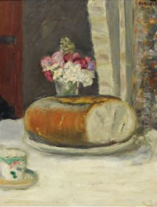Coin de table (Tasse a cafe, pain et fleurs)